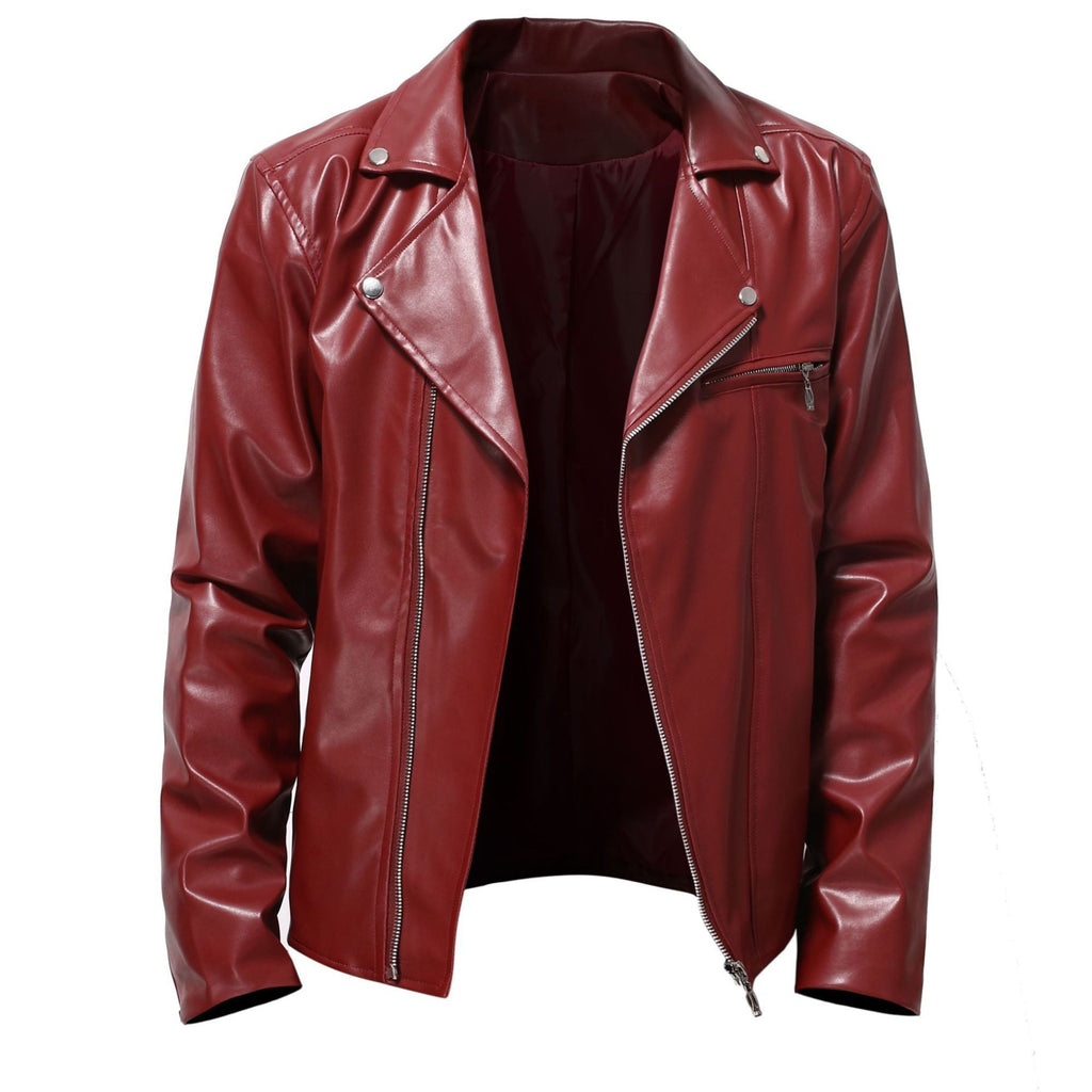 Men's Slim Fit Leather Jacket - Spring Autumn Round Neck Zip Front Casual Coat Pi-Mart