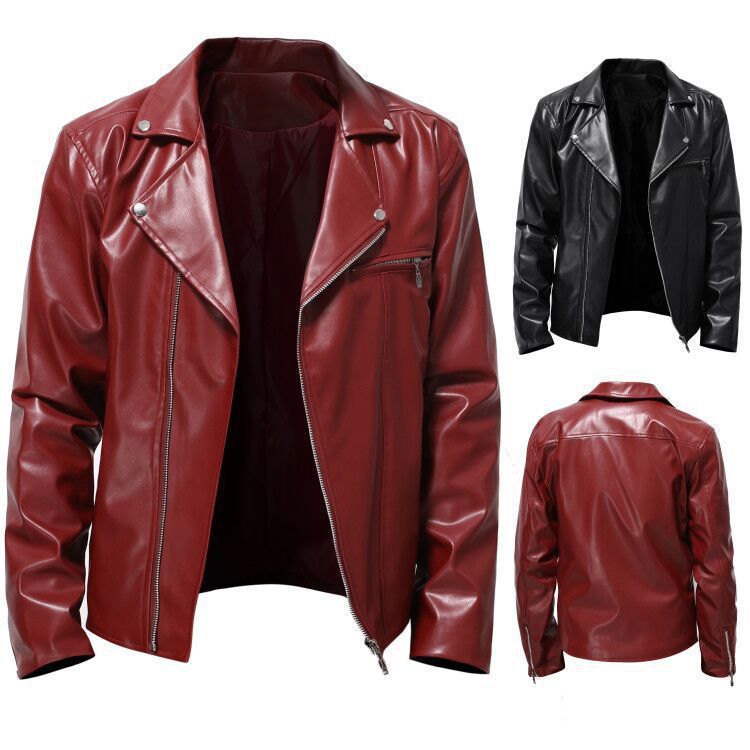 Men's Slim Fit Leather Jacket - Spring Autumn Round Neck Zip Front Casual Coat Pi-Mart