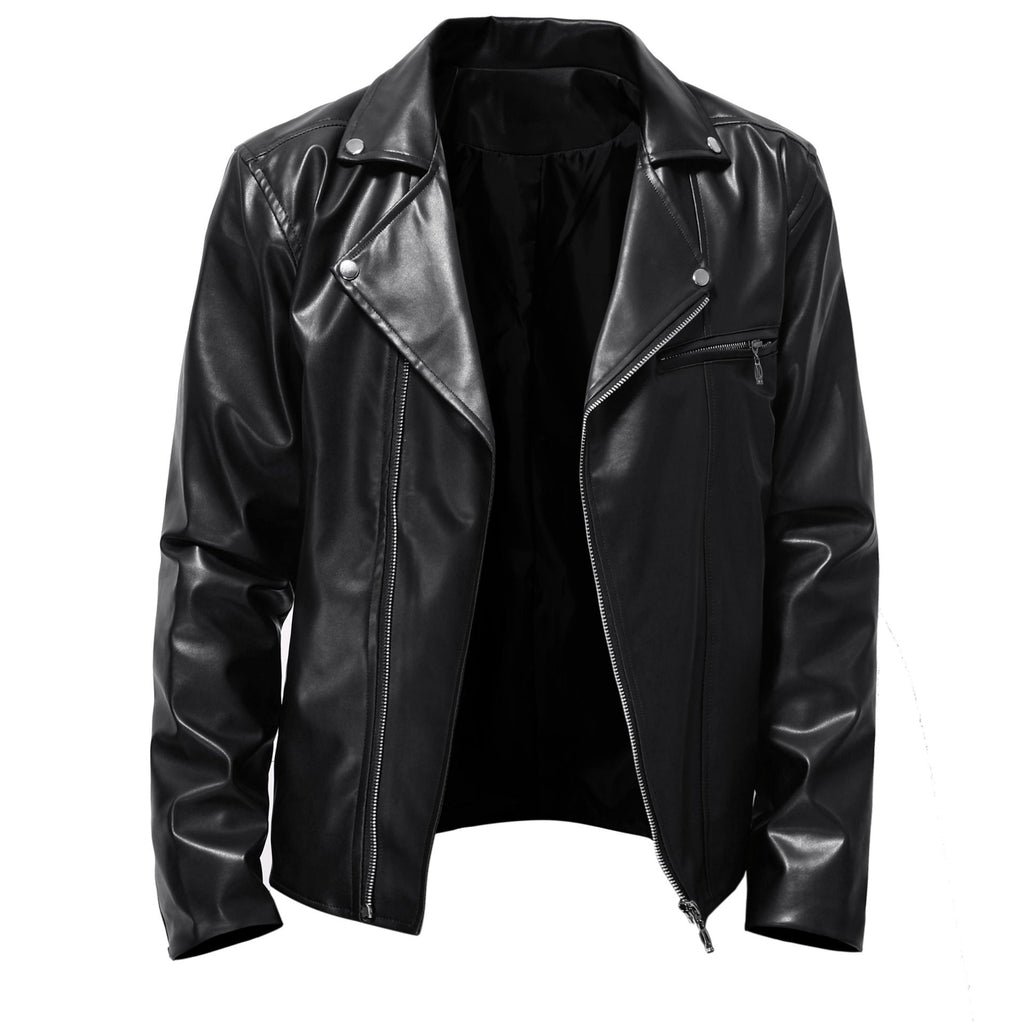 Men's Slim Fit Leather Jacket - Spring Autumn Round Neck Zip Front Casual Coat Pi-Mart