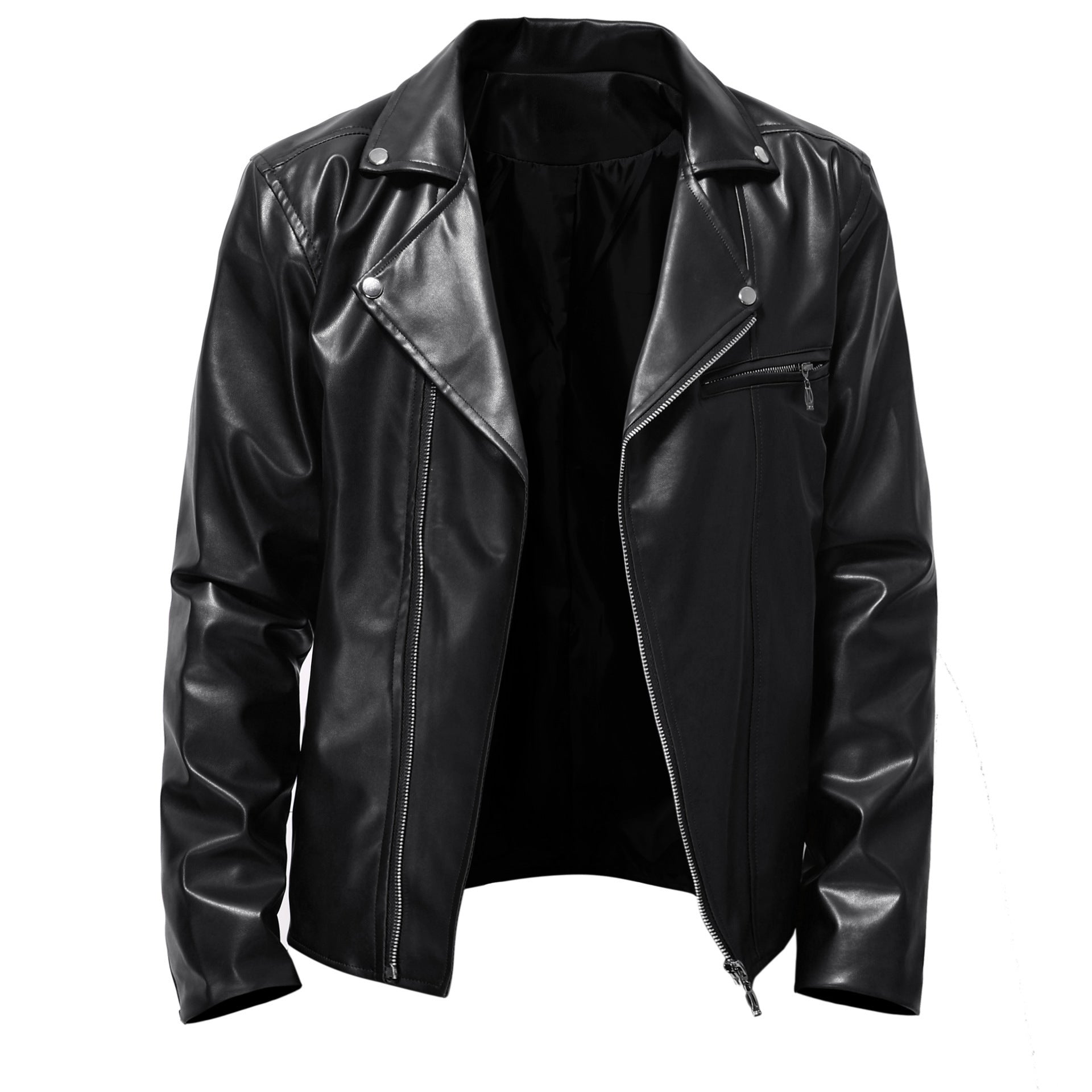 Men's Slim Fit Leather Jacket - Spring Autumn Round Neck Zip Front Casual Coat Pi-Mart