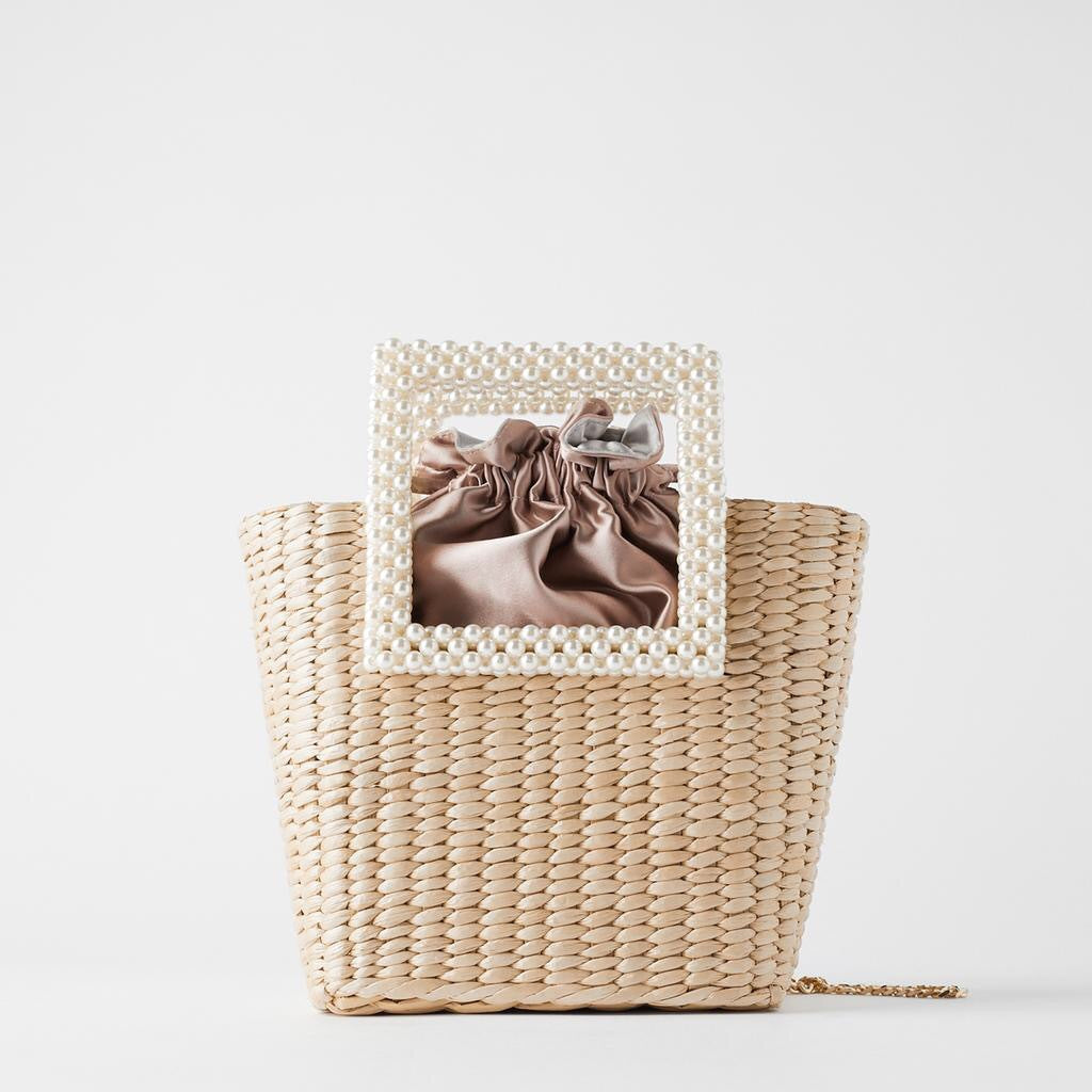 Cattail Woven Bag, Pearl Handle, Bead Handbag, Straw Woven Bag, Shoulder Diagonal Bag Pi-Mart