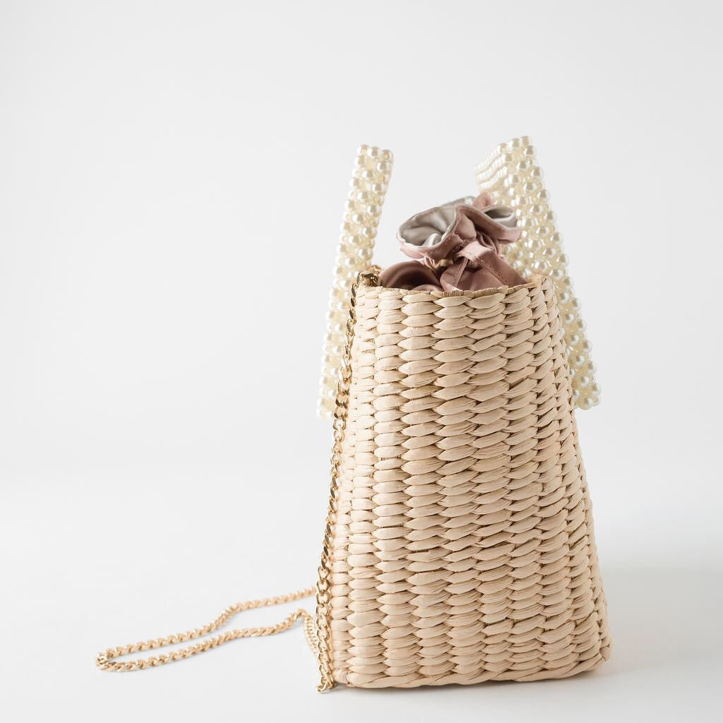 Cattail Woven Bag, Pearl Handle, Bead Handbag, Straw Woven Bag, Shoulder Diagonal Bag Pi-Mart