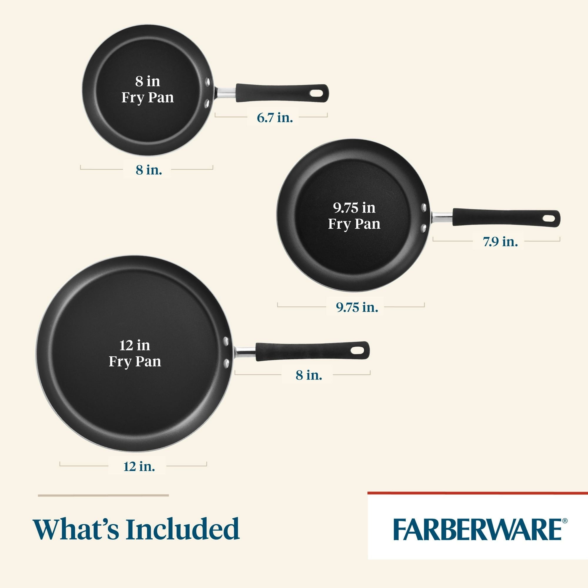 Farberware 3 Piece Easy Clean Aluminum Non-Stick Frying Pan, Fry Pan, Skillet Set, Black