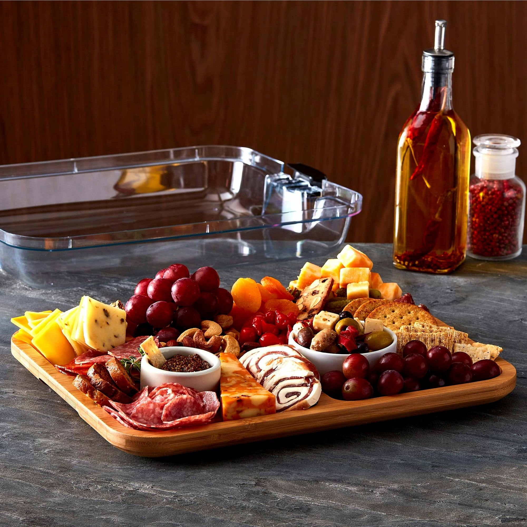 Farberware Build-A-Board Bamboo Board, 6 Compartments with Locking Lid, Charcuterie, 11x14, Black