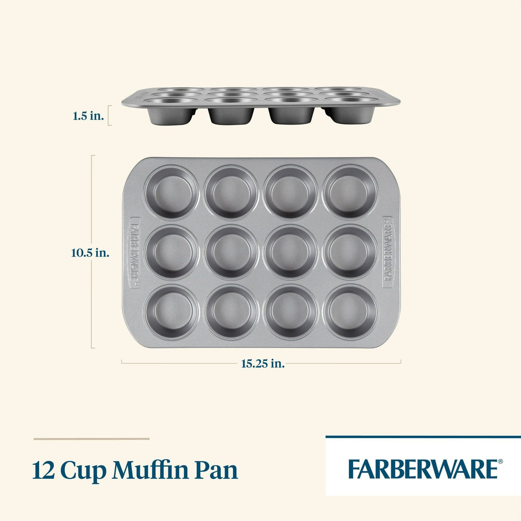 Farberware Bakeware Nonstick 12-Cup Muffin Pans, Set of 2, Gray