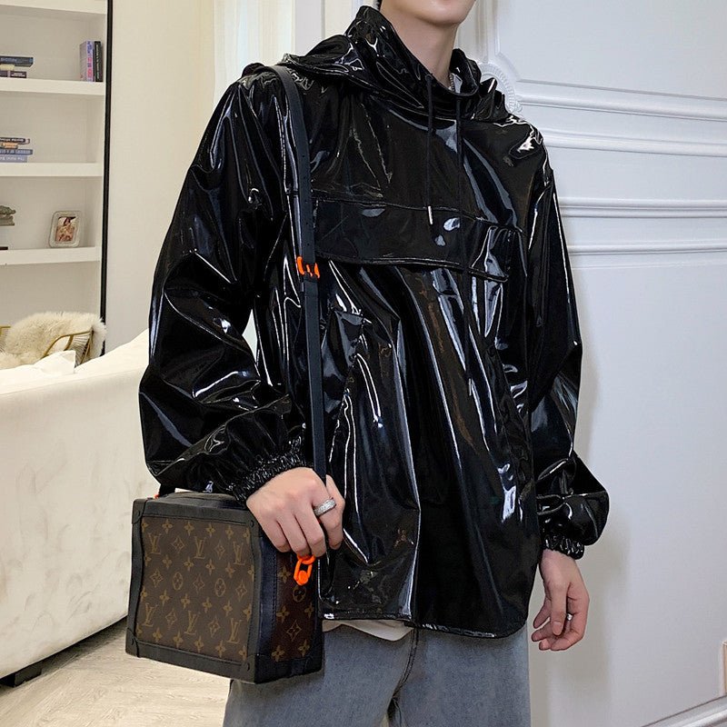 Stand collar hooded leather jacket Pi-Mart