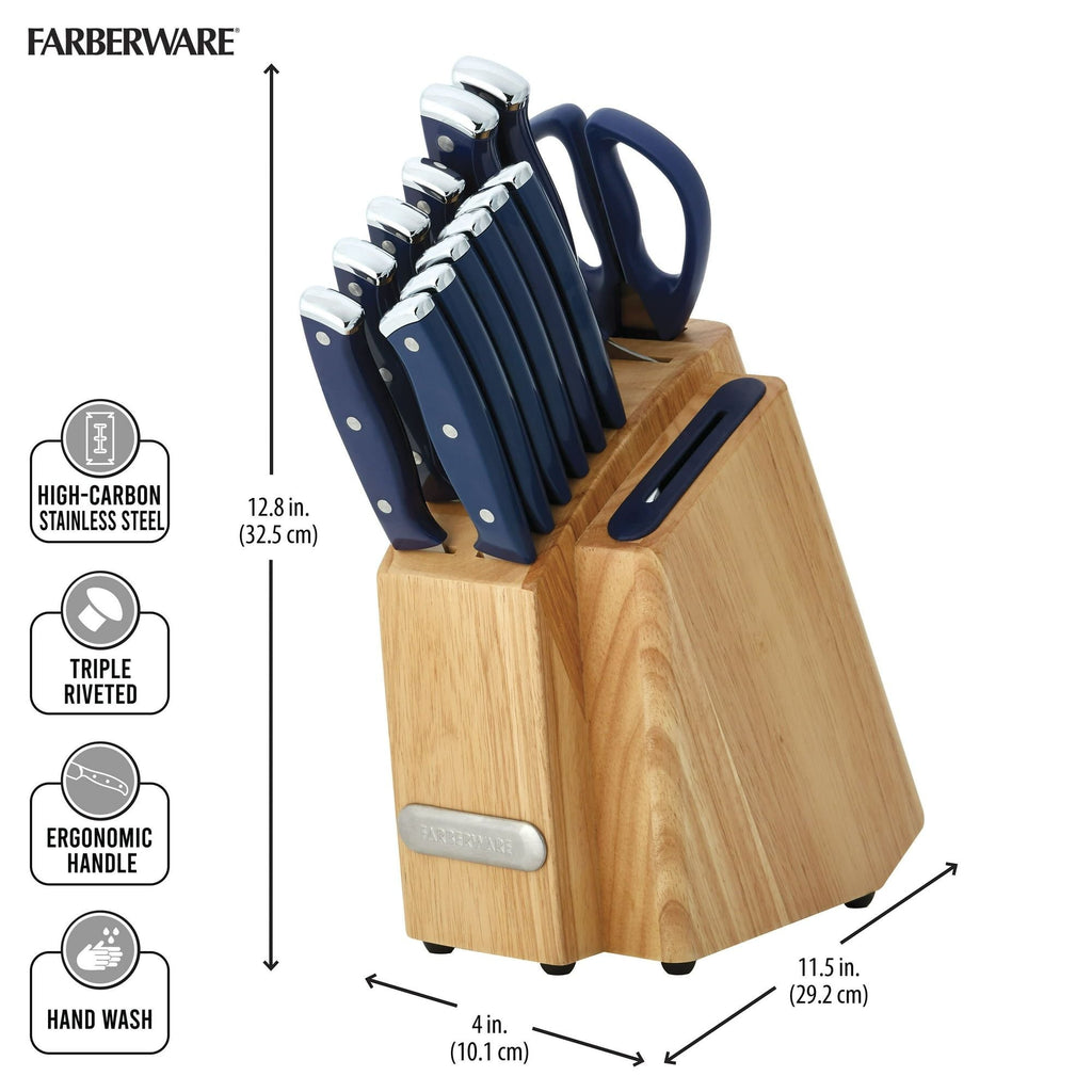 Farberware EdgeKeeper 14-Piece Stainless Steel Triple Riveted Slim Knife Set, Block Built-in Sharpener Navy EasyOptionXY LLC