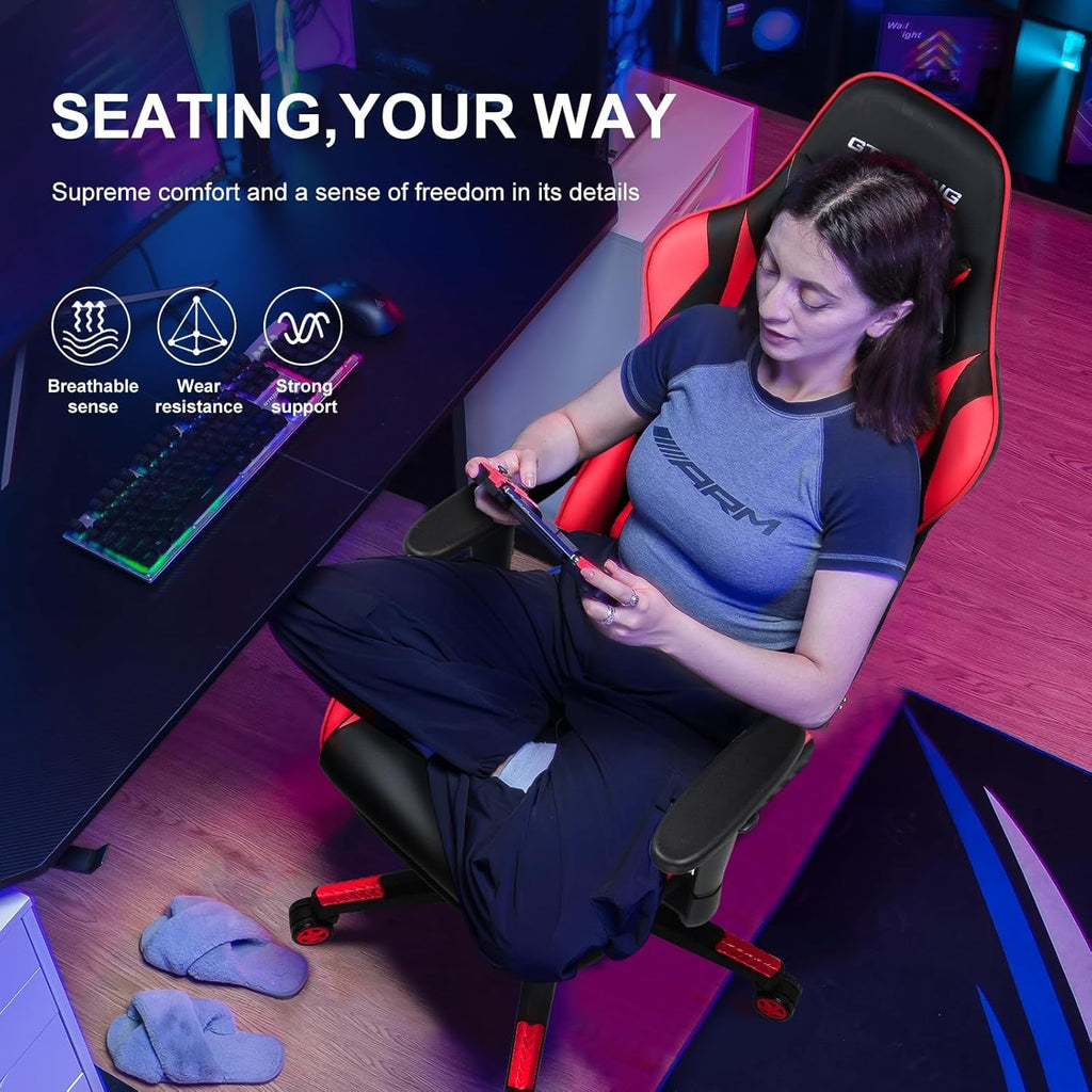 Gaming Chair with Footrest, Ergonomic Computer Game Desk Chair, Reclining Gaming Chair Seat Height Adjustment, Swivel Rocker with Headrest and Lumbar (Brickred) Lootquake LLC
