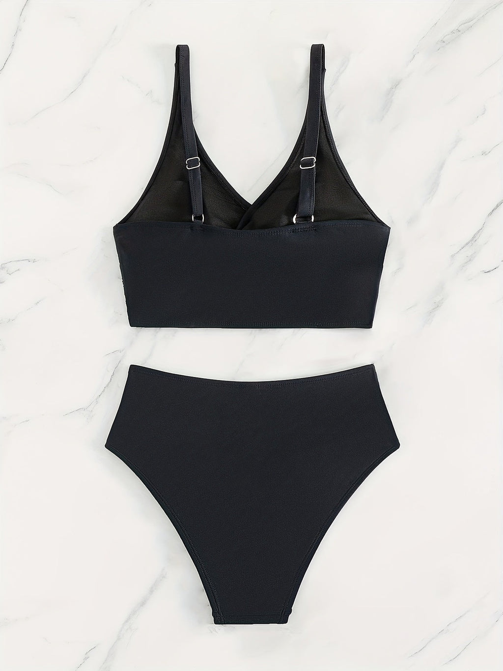 Bikini Solid Black Twist Front High Waist 2 Piece Swimsuit for Women – Stretchy V Neck Bikini Set with Ruched Tummy Control and Cross Strape Detail – Quick Drying Polyamide Swimwear for Beachwear Poolside and Summer Travel Stevvex