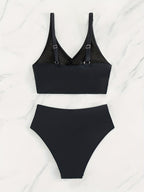 Bikini Solid Black Twist Front High Waist 2 Piece Swimsuit for Women – Stretchy V Neck Bikini Set with Ruched Tummy Control and Cross Strape Detail – Quick Drying Polyamide Swimwear for Beachwear Poolside and Summer Travel Stevvex