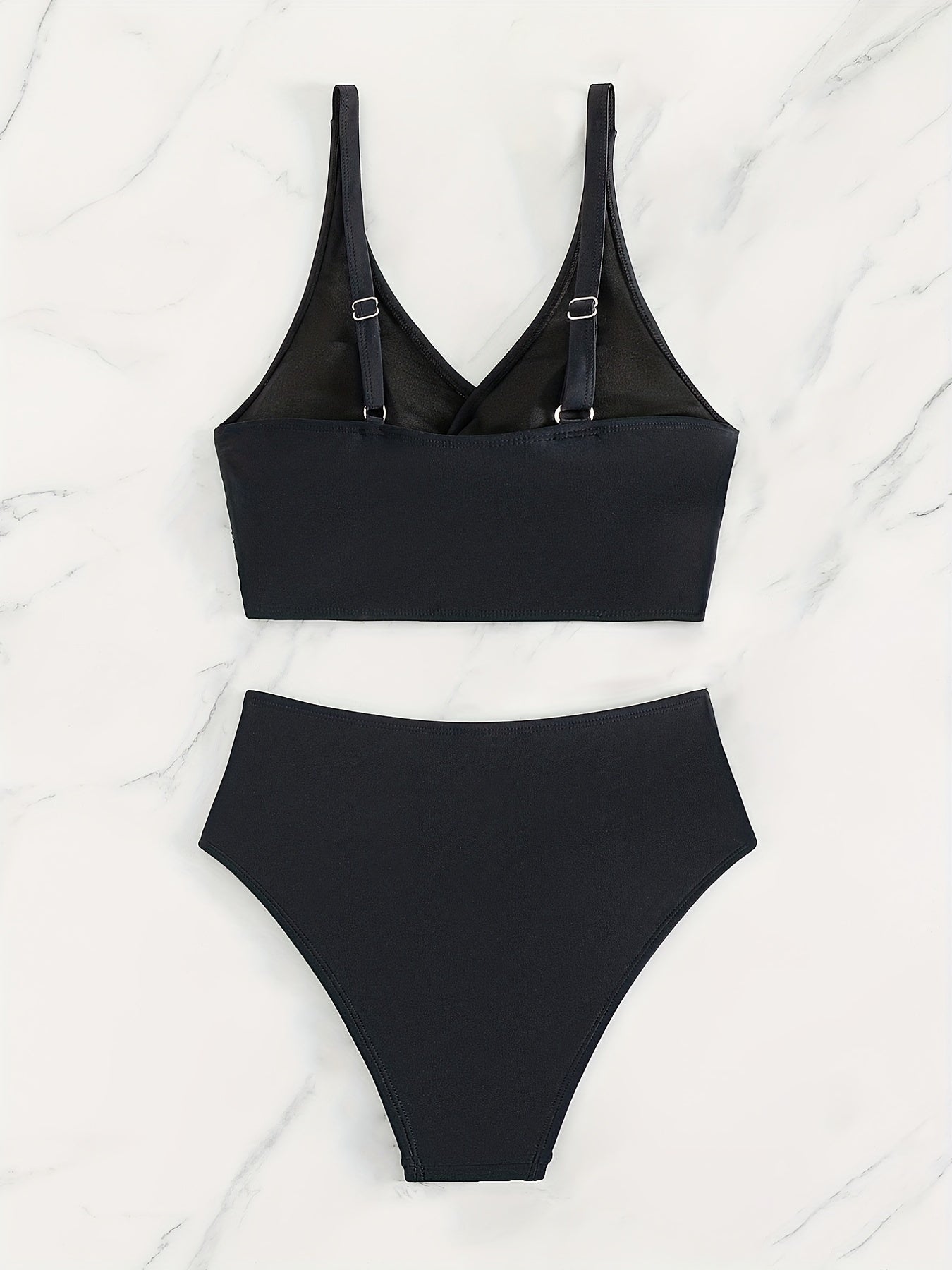 Bikini Solid Black Twist Front High Waist 2 Piece Swimsuit for Women – Stretchy V Neck Bikini Set with Ruched Tummy Control and Cross Strape Detail – Quick Drying Polyamide Swimwear for Beachwear Poolside and Summer Travel Stevvex