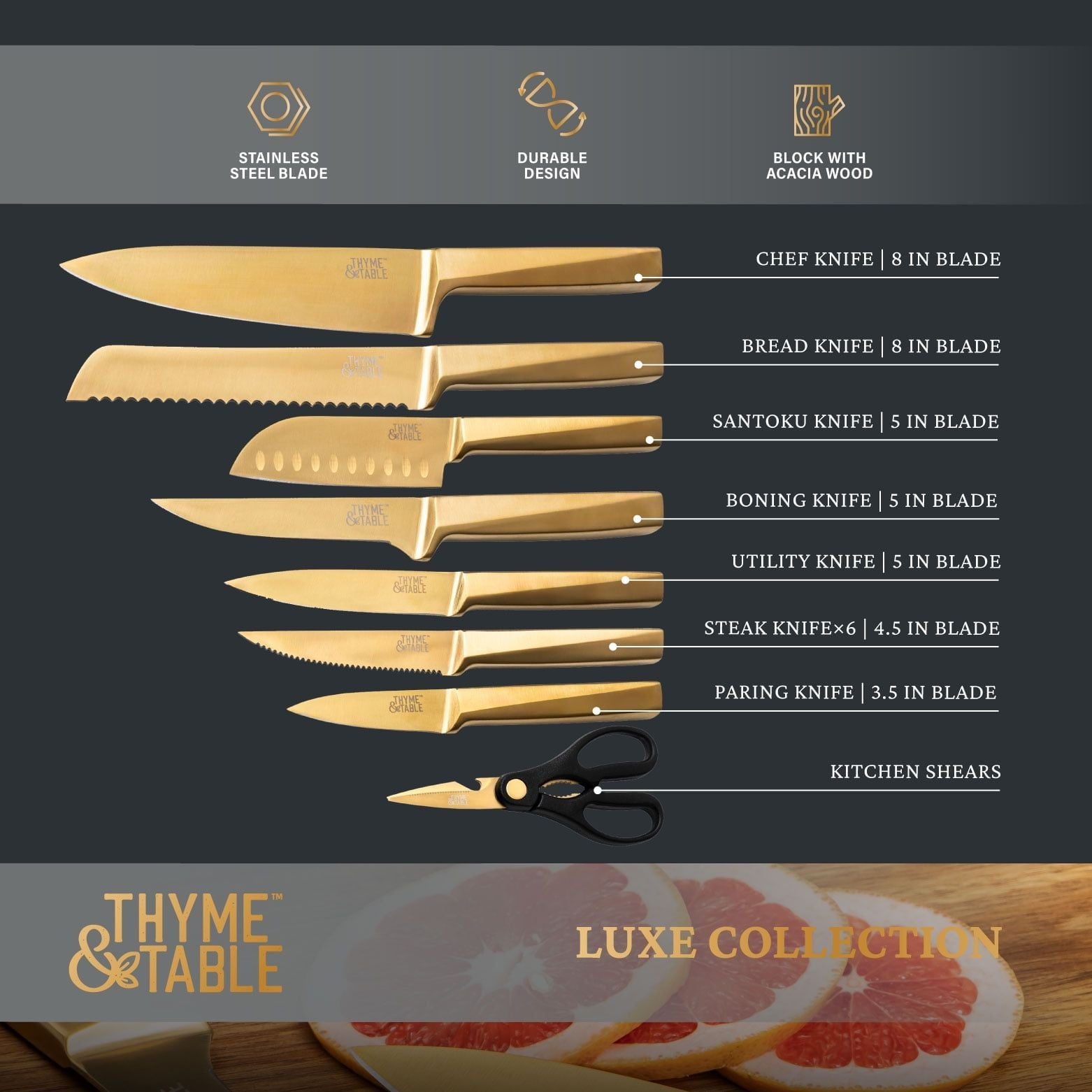 Thyme & Table 15-Piece Knife Block Set with Knife Sharpener