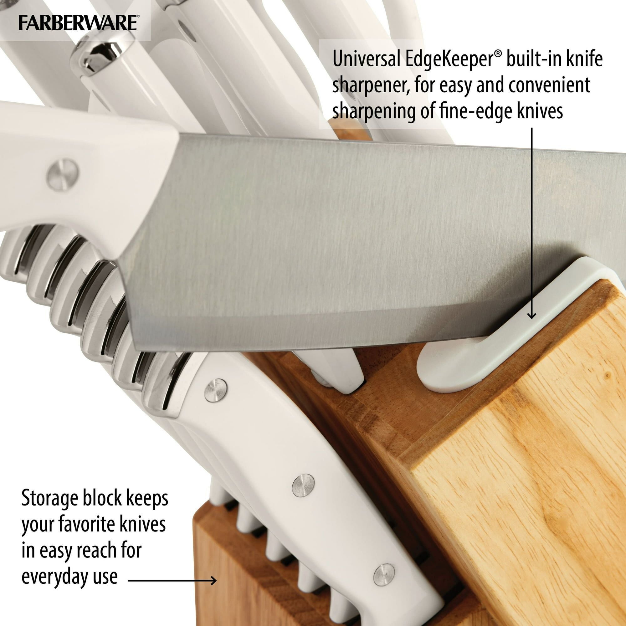 Farberware Edgekeeper Triple Riveted Knife Block Set with Built in Sharpener 14-piece in White EasyOptionXY LLC