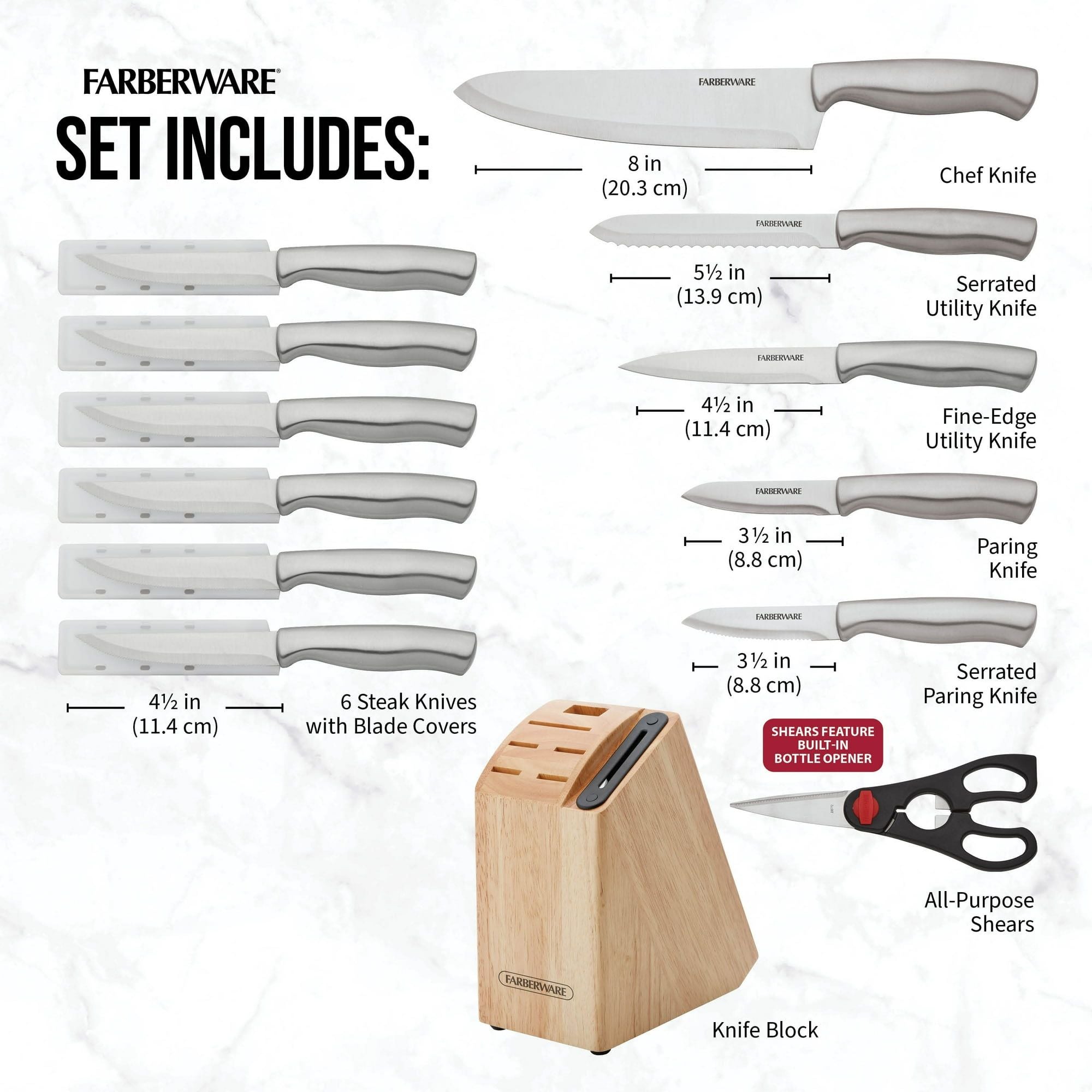 Farberware 13Piece Stainless Steel Knife Block Set Built in Sharpener in Drawer Steak Knives Natural EasyOptionXY LLC