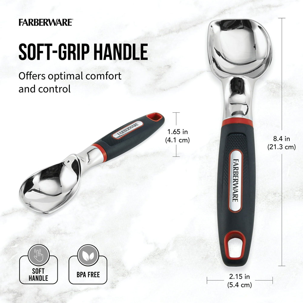 Farberware Soft Grips Stainless Steel Ice Cream Scoop with Rubber Black Handle and Red Accents