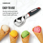 Farberware Soft Grips Stainless Steel Ice Cream Scoop with Rubber Black Handle and Red Accents