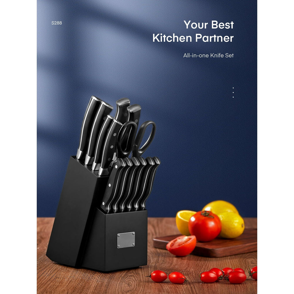 D.Perlla Knife Set, 14PCS German Stainless Steel Kitchen Knives Block Set with Built-in Sharpener, Black EasyOptionXY LLC