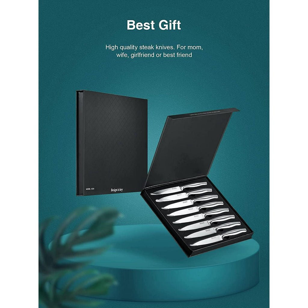Steak Knives, Serrated Steak Knives with Gift Box, Stainless Steel Kitchen Steak Knife Set of 8, Silver EasyOptionXY LLC