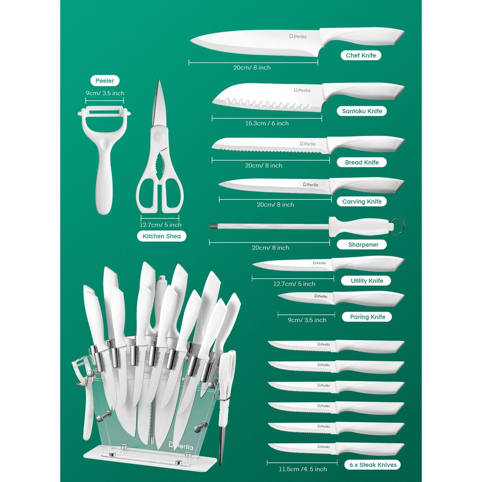 D.Perlla Knife Set 16 Pieces White Kitchen Knife Set with Acrylic Stand, High Carbon Stainless Steel, Non Stick Coated Knife Block Set, No Rust, Non Slip Handle, Sharp Knife EasyOptionXY LLC