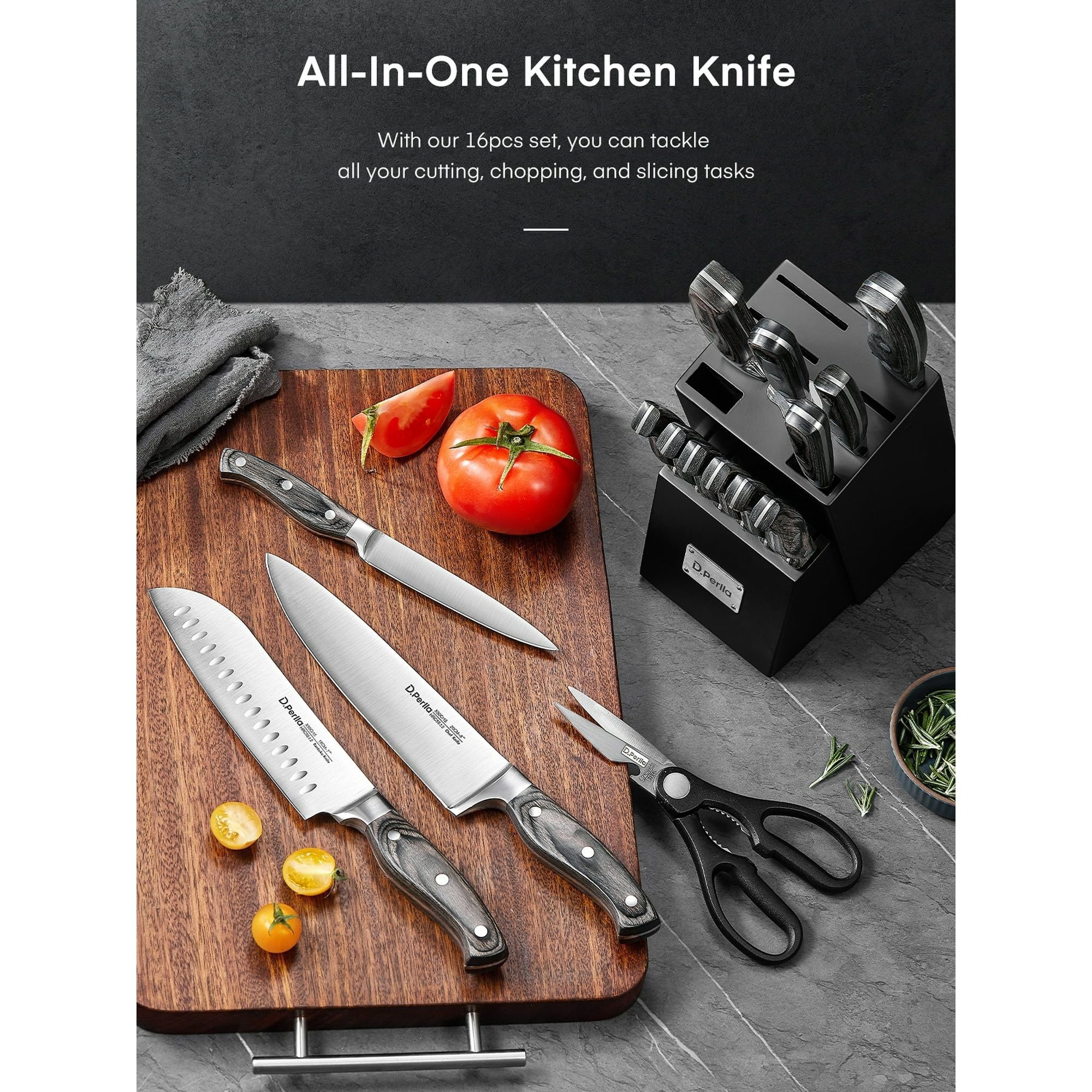 D.Perlla Knife Set, 16 Pieces German Stainless Steel Knife Set with Block and Wooden Handle, Black EasyOptionXY LLC