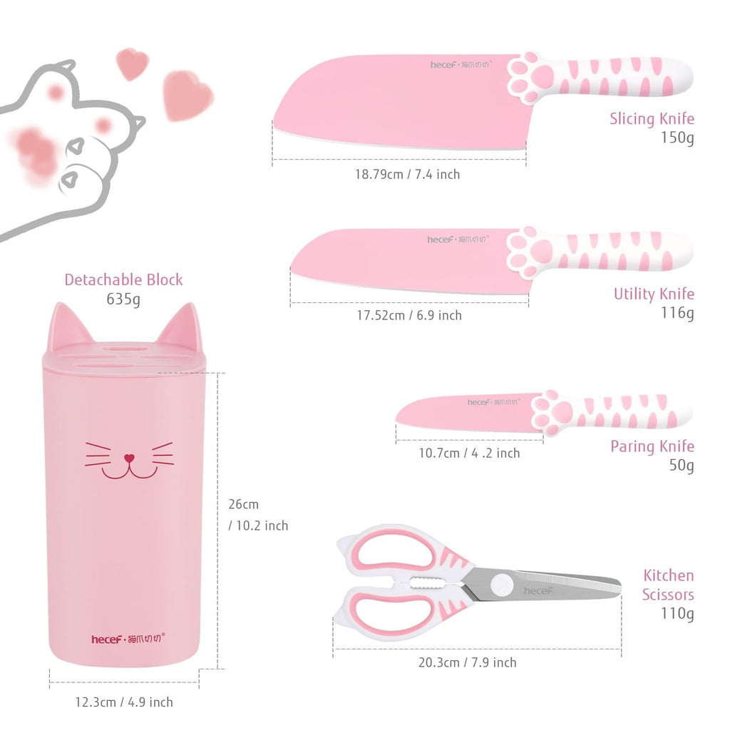 Hecef Cute Kitchen Knife Set with Block Scissors, 5-Piece Pink Cat Claw Sharp Chopping Chef Knives EasyOptionXY LLC