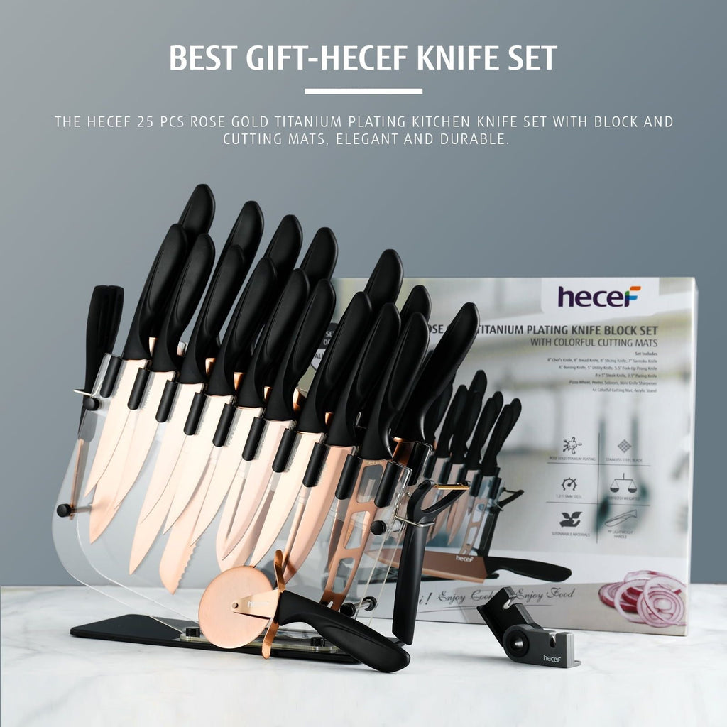 Hecef 25 PCS Kitchen Knife Set with Knife Block, Steak Knives, Cutting Boards, Titanium Plated Anti-Rusting Chef Knife EasyOptionXY LLC