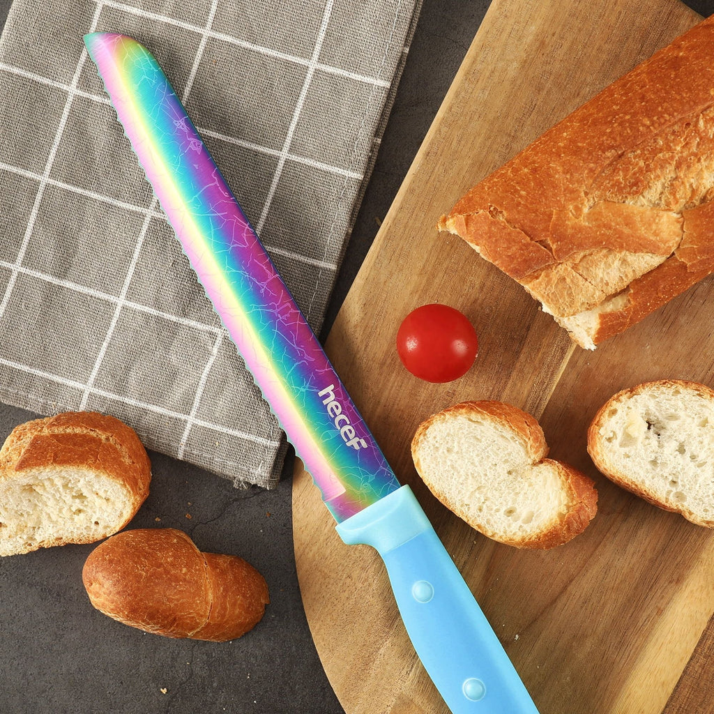 Hecef 14 Pieces Kitchen Knife Set with Wooden Block, Rainbow Titanium Coated Chef Knives with Sharpener, Steak Knife, Scissors EasyOptionXY LLC