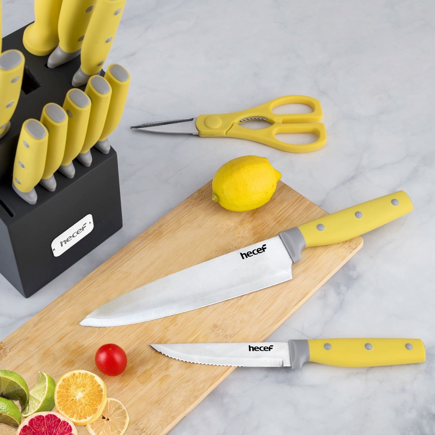 Hecef 14Pcs Kitchen Knife Set High Carbon Stainless Steel Cutlery Set with Wooden Block EasyOptionXY LLC