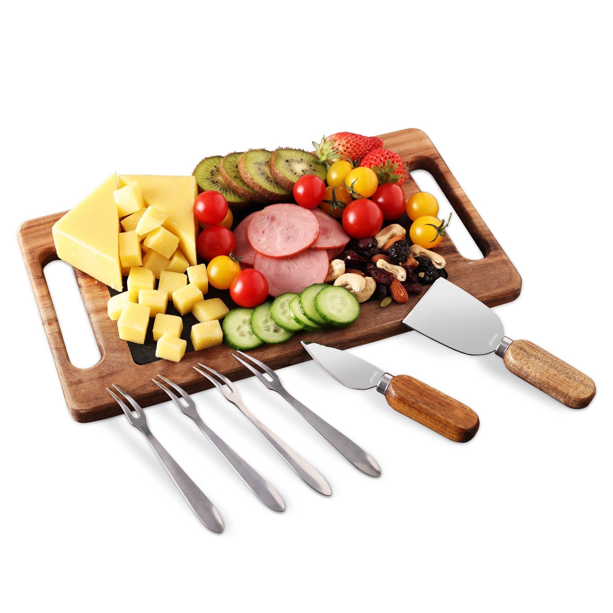 Hecef 12.4in Acacia Wood Charcuterie Serving Tray with Removable Black Slate & Cutlery Set, Cheese Board Set EasyOptionXY LLC
