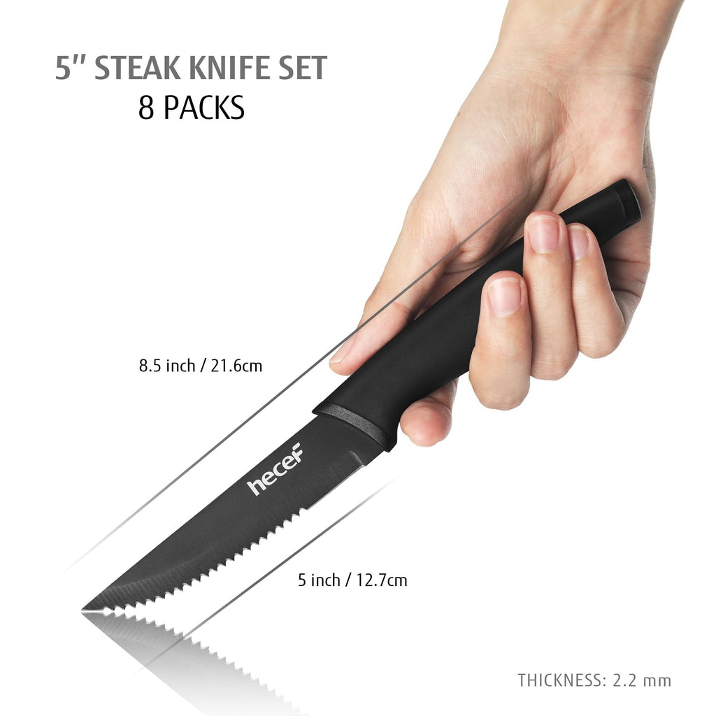 Hecef Black Oxide Steak Knife Set of 8, Ultra-Sharp High Carbon Stainless Steel Serrated Knives with PP Handle EasyOptionXY LLC