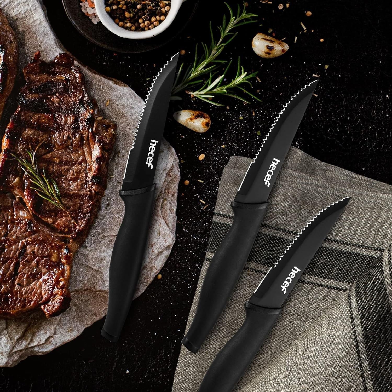 Hecef Black Oxide Steak Knife Set of 8, Ultra-Sharp High Carbon Stainless Steel Serrated Knives with PP Handle EasyOptionXY LLC