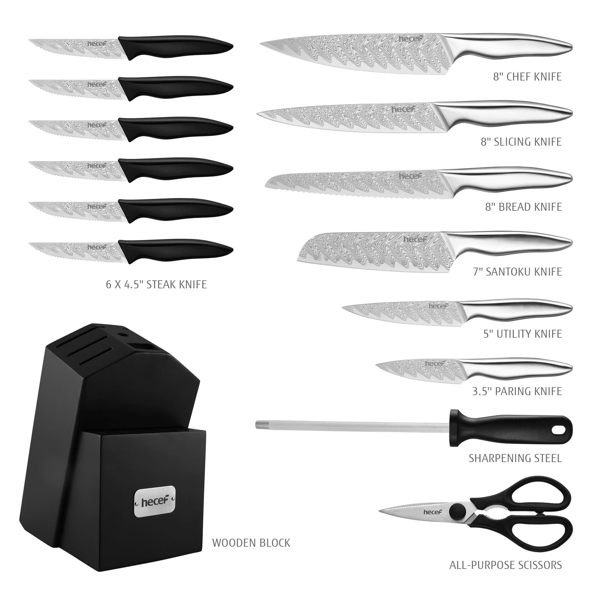 Hecef 15-Piece Kitchen Knife Set with Block, Razor Sharp Japanese Damascus Pattern Professional Chef Knife Set EasyOptionXY LLC