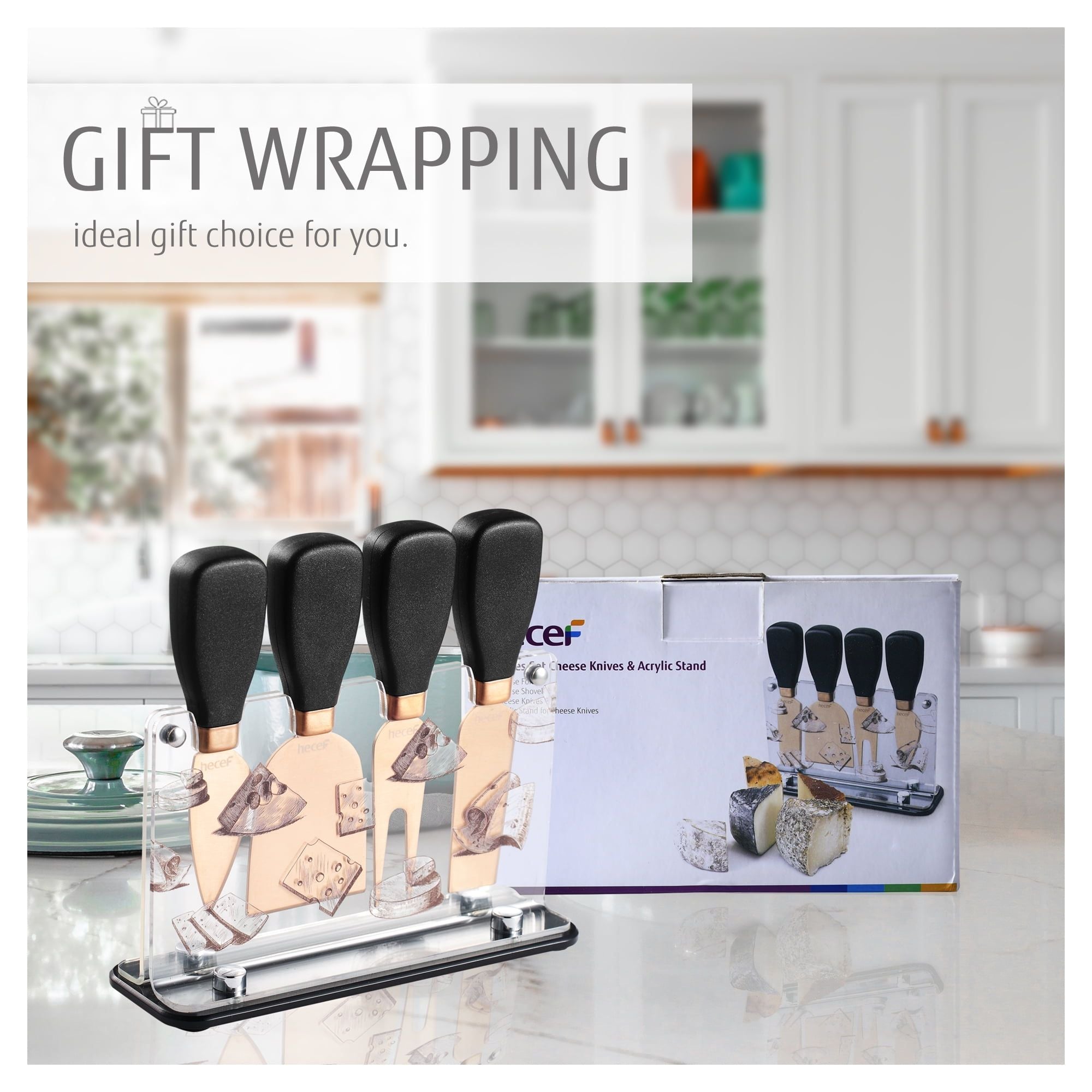 Hecef 5 PCS Cheese Knife Set with Acrylic Stand, Stainless Steel Cheese Slicer with PP Handle EasyOptionXY LLC
