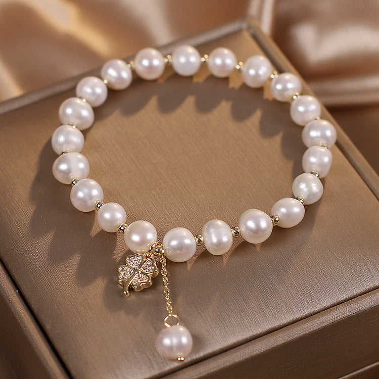 Natural Freshwater Pearl Bracelet Light Luxury Four-leaf Clover Simple Hand Jewelry Pi-Mart
