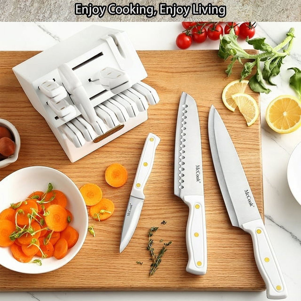 Knife set For Kitchen with Block,McCook MC703 White Kitchen Knife Sets with Built-in Sharpener,Cutlery set with Measuring Cups and Spoons For Cooking,26pcs EasyOptionXY LLC