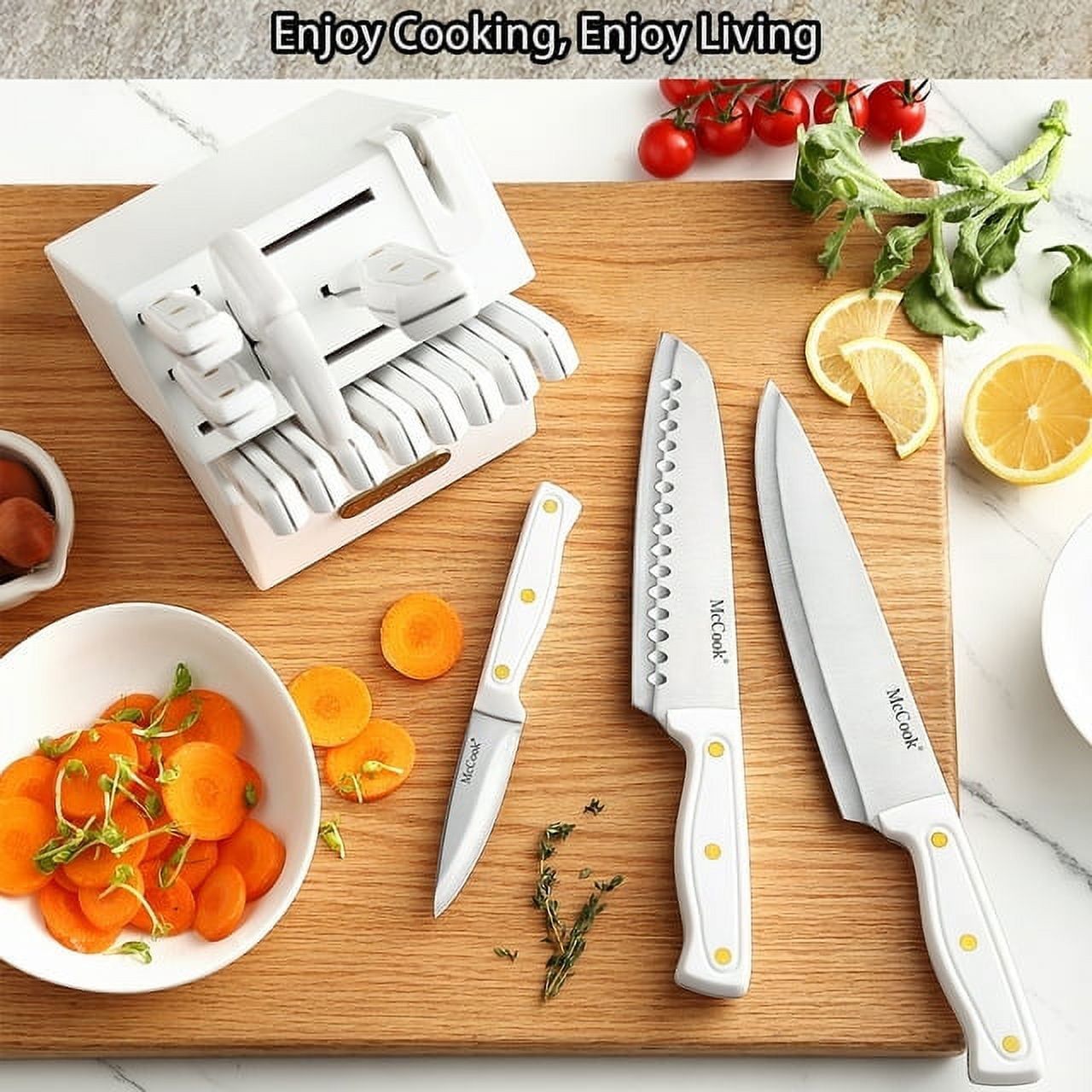 Knife set For Kitchen with Block,McCook MC703 White Kitchen Knife Sets with Built-in Sharpener,Cutlery set with Measuring Cups and Spoons For Cooking,26pcs EasyOptionXY LLC
