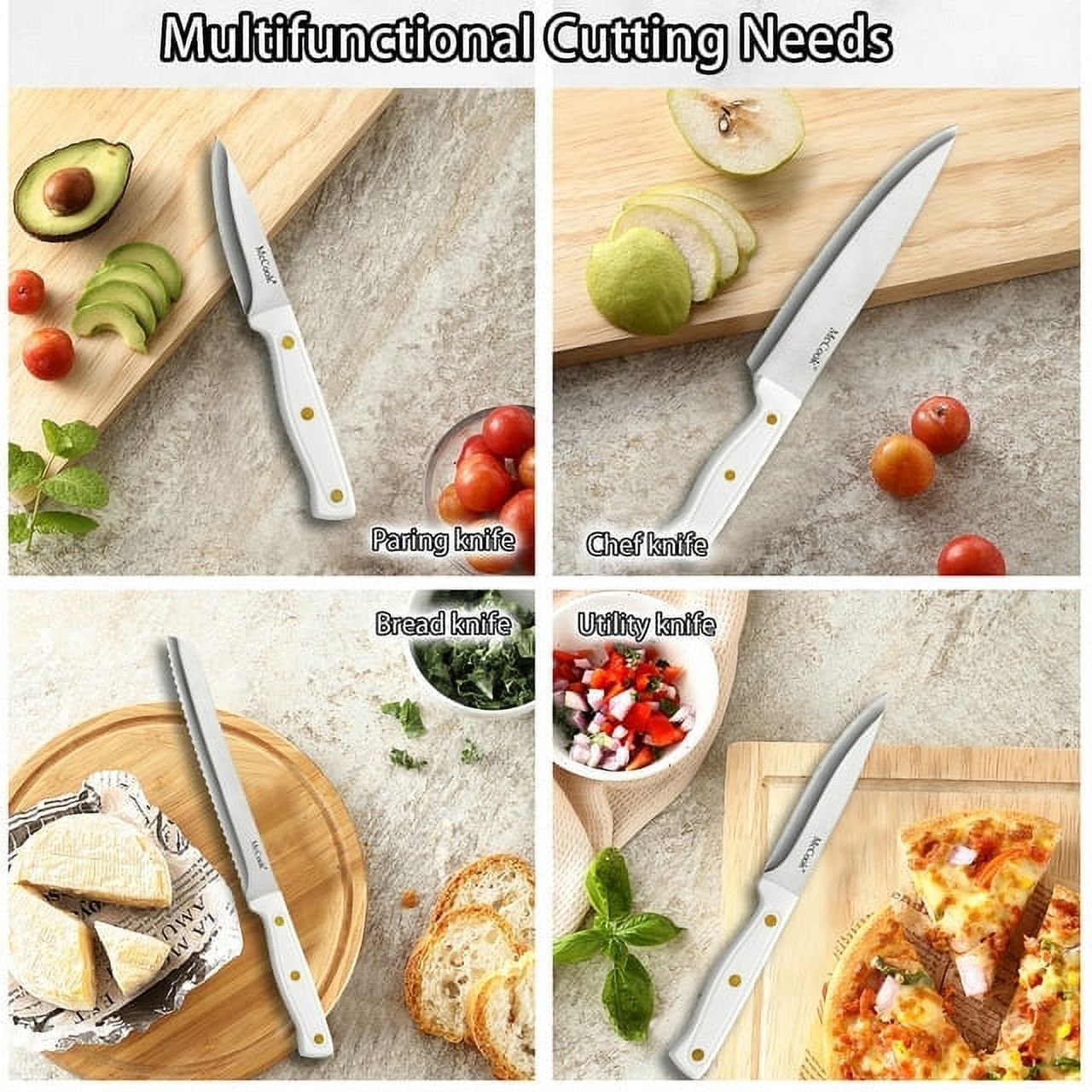 Knife set For Kitchen with Block,McCook MC703 White Kitchen Knife Sets with Built-in Sharpener,Cutlery set with Measuring Cups and Spoons For Cooking,26pcs EasyOptionXY LLC