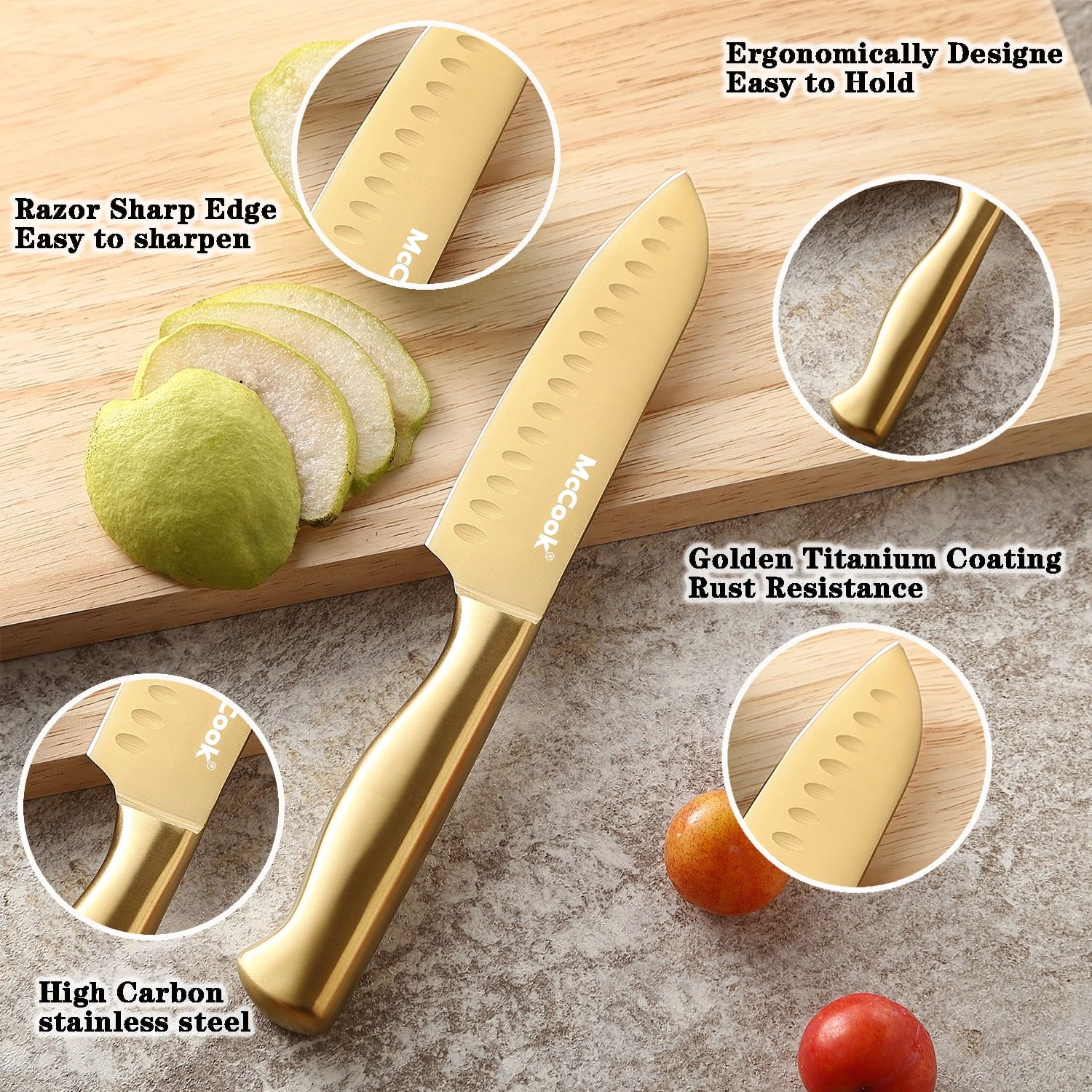 McCook MC21G Knife Sets,15 Pieces Golden Titanium Kitchen Knife Block Sets with Built-in Sharpener EasyOptionXY LLC