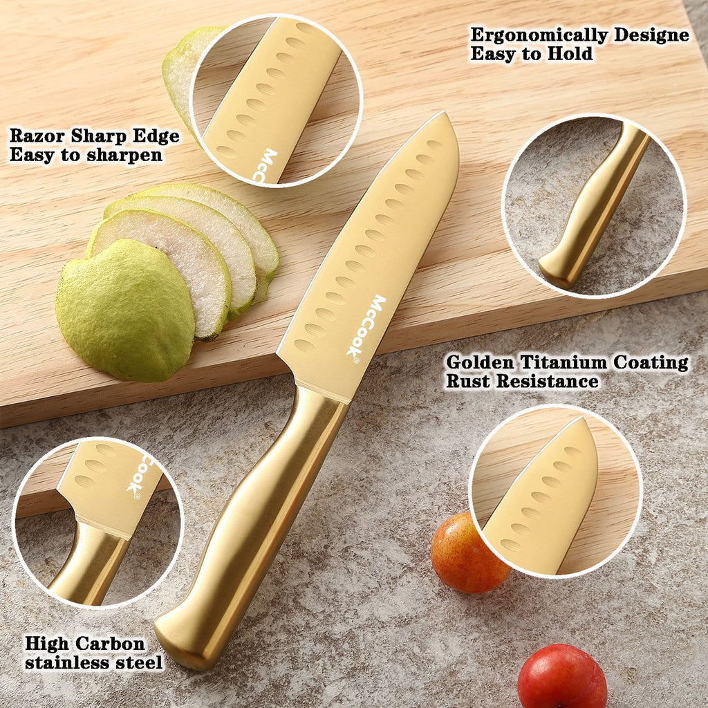 McCook Gold Kitchen Knife Sets,20 Pieces Luxury Golden Titanium Knife Block Set with Built-in Sharpener EasyOptionXY LLC