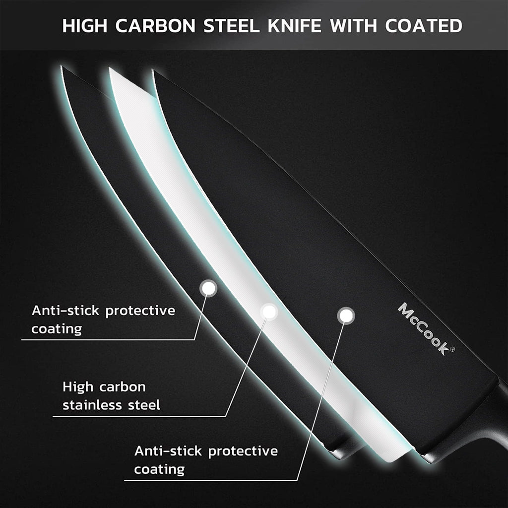 McCook MC21B Black Knife Set, 15 PCS High Carbon One Piece Forged Stainless Steel Kitchen Knife Set, Knife Set with Block and Built-in Sharpener ,6 Pcs Steak Knives EasyOptionXY LLC