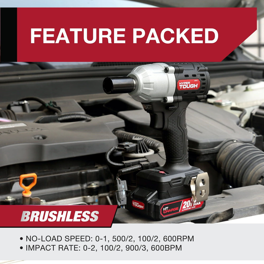 Hyper Tough Brushless 20V Max Lithium-Ion Cordless Impact Wrench, 1/2 inch Anvil, with 2.0Ah Lithium-Ion Battery & Charger, New Condition