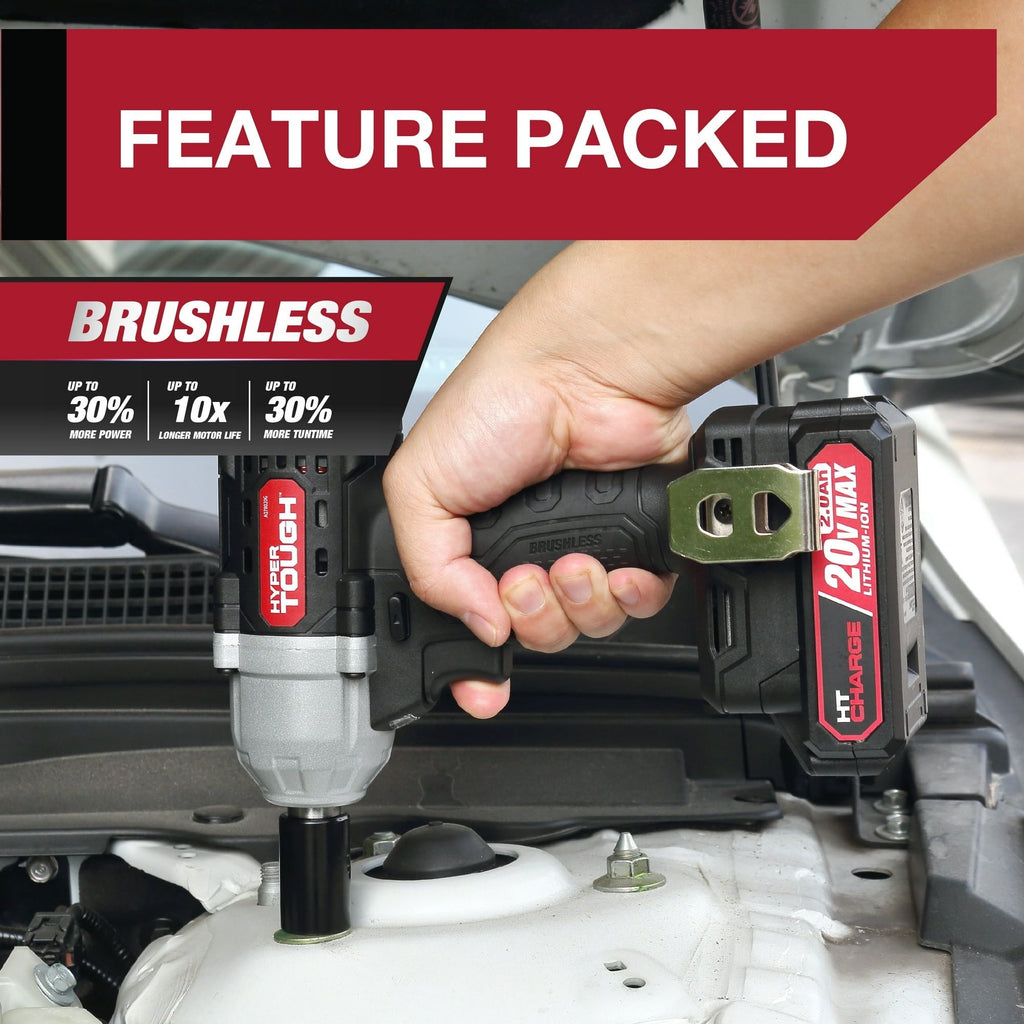 Hyper Tough Brushless 20V Max Lithium-Ion Cordless Impact Wrench, 1/2 inch Anvil, with 2.0Ah Lithium-Ion Battery & Charger, New Condition
