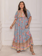 Pink Purple Plus Size Printed Flutter Sleeve Maxi Dress Elegant & Flowy Dress Unique Design Stevvex