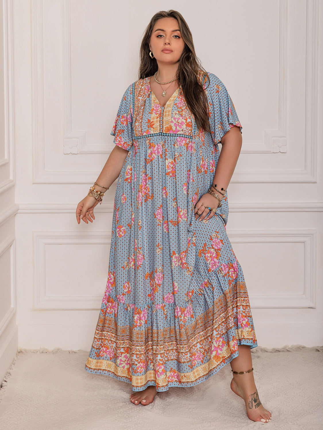 Pink Purple Plus Size Printed Flutter Sleeve Maxi Dress Elegant & Flowy Dress Unique Design Stevvex