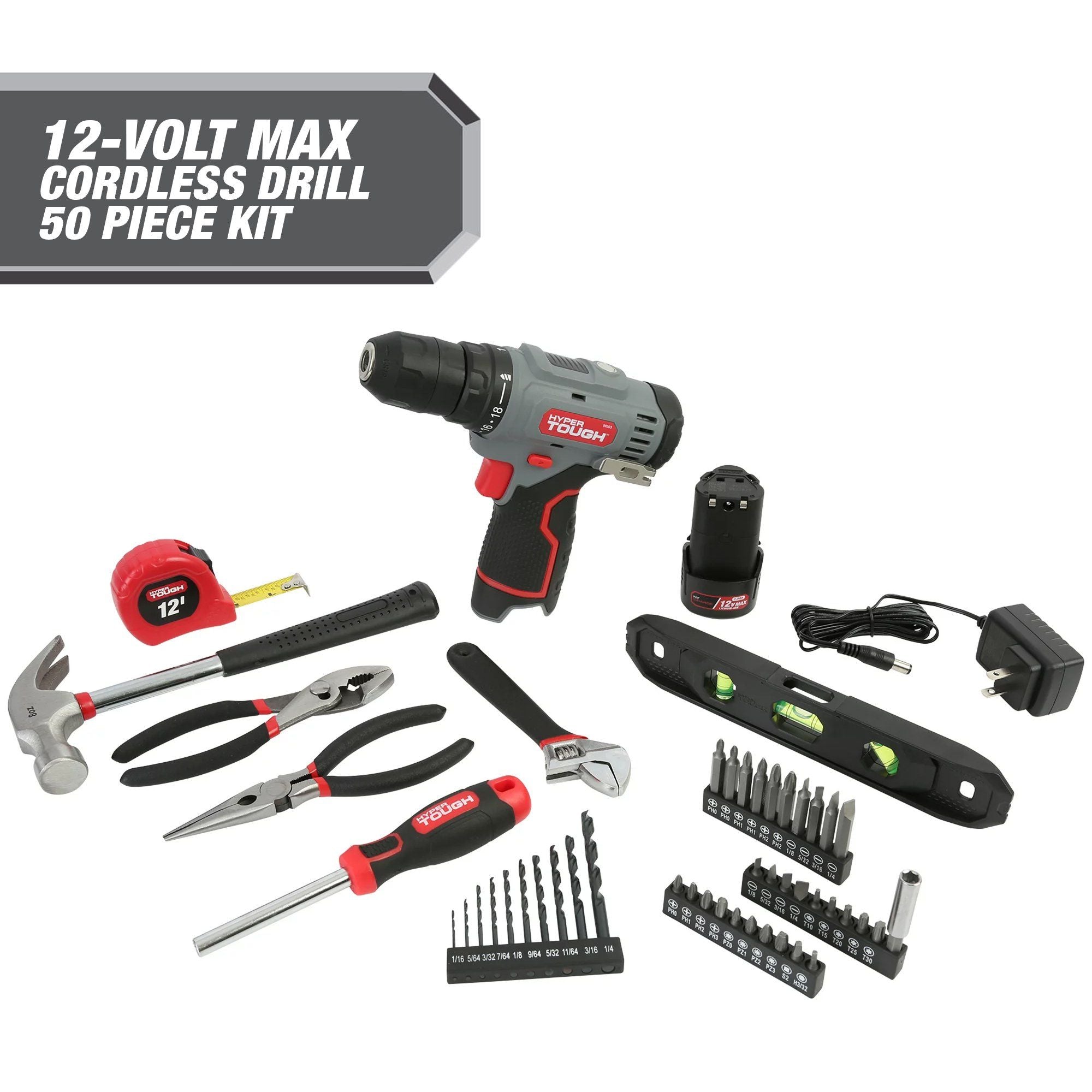 Hyper Tough 12V Max* 50-Piece Project Kit with Lithium-Ion Cordless 3/8-in Drill Driver and 1.5Ah Battery, 99311