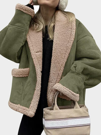 Fuzzy Collared Neck Long Sleeve Jacket with Buttoned Closure and Cozy Pockets Stevvex