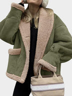 Fuzzy Collared Neck Long Sleeve Jacket with Buttoned Closure and Cozy Pockets Stevvex