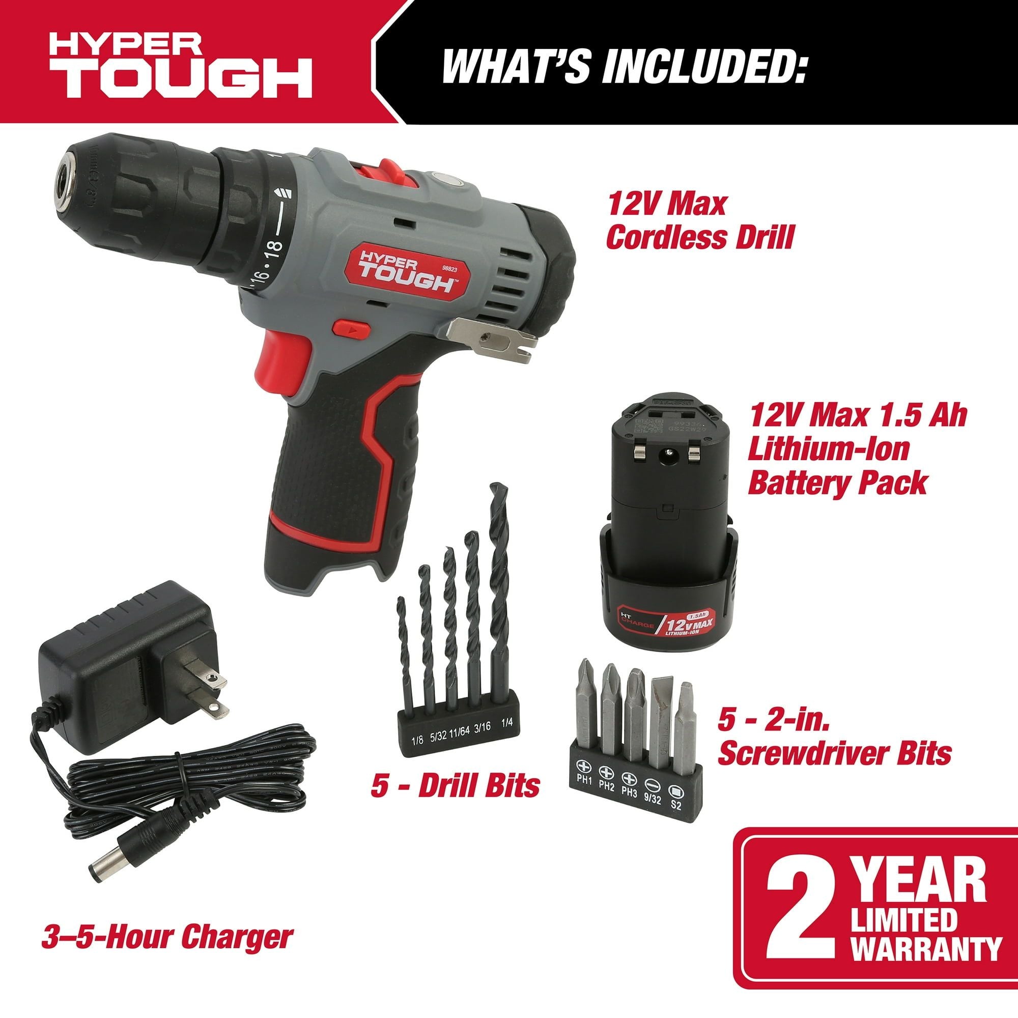 Hyper Tough 12V Max Lithium-Ion Cordless 2-Speed Drill Driver with 1.5Ah Battery and Charger, Model 98823