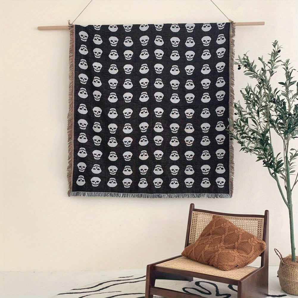 1pc Bohemian Knitted Halloween White Skull Printed Tassel Blanket, Suitable For Leisure Picnic Outdoor Camping Lootquake LLC