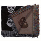 1pc Bohemian Knitted Halloween White Skull Printed Tassel Blanket, Suitable For Leisure Picnic Outdoor Camping Lootquake LLC